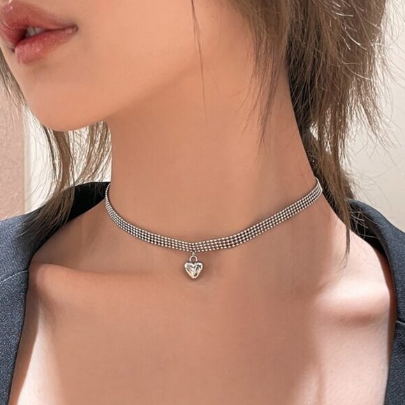 Silver Heart Pendant Mesh Choker | Sterling Silver - Picture 1 of 3